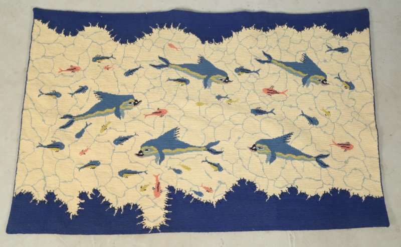 DOLPHIN MOTIF NEEDLEPOINT TAPESTRY: DOLPHIN MOTIF NEEDLEPOINT TAPESTRY. Height: 52 in. by Width: 32 in.