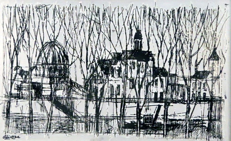 DAVID ADICKES "TOWNSCAPE" MIXED MEDIA: DAVID ADICKES "TOWNSCAPE" MIXED MEDIA WITH CARVED PLASTER AND PAINT. Height: 15 & 9 1/2 in. by Width: 21 & 15 1/2 in.