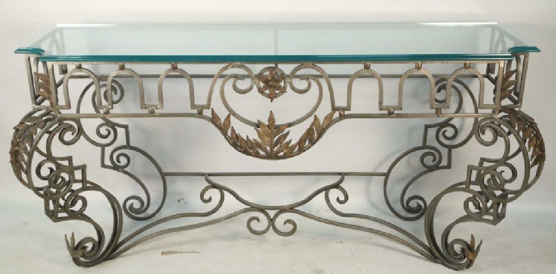 NEOCLASSICAL IRON BASE GLASS TOP CONSOLE TABLE (1 of 5)