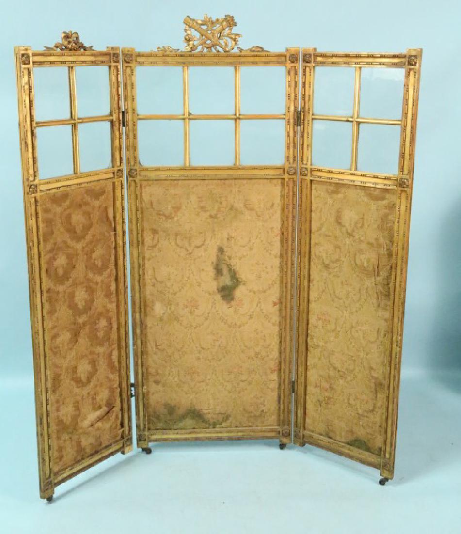 ANTIQUE FRENCH CARVED & GILDED UPHOLSTERED GLASS SCREEN (1 of 5)