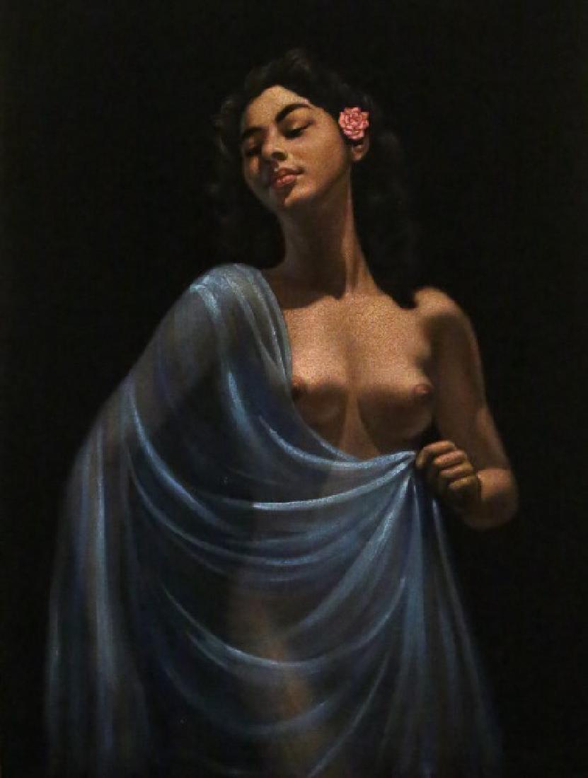 RICK GONZALEZ FEMALE SEMI-NUDE PAINTING ON BLACK VELVET: RICK GONZALEZ FEMALE SEMI-NUDE PAINTING ON BLACK VELVET. Height: 46 & 39 in. by Width: 36 1/2 & 29 in.