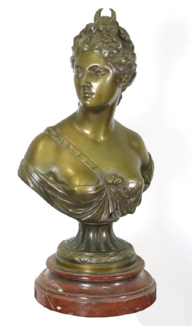 SIGNED HOUDON "DIANA GODDESS" BRONZE BUST SCULPTURE