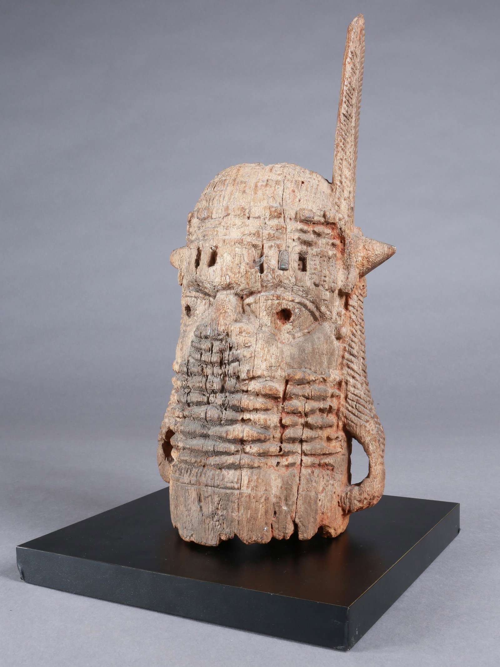 An Edo Altar Head: Kopf, "uhunmwun-elao" Benin-Kultur, Nigeria Ohne Sockel / without base Holz. H 28 cm; 39,5 cm (mit Feder). Provenienz: Walter Häusler, Thurgau. 1960er Jahre in Nigeria erworben. Macht und Autorität 