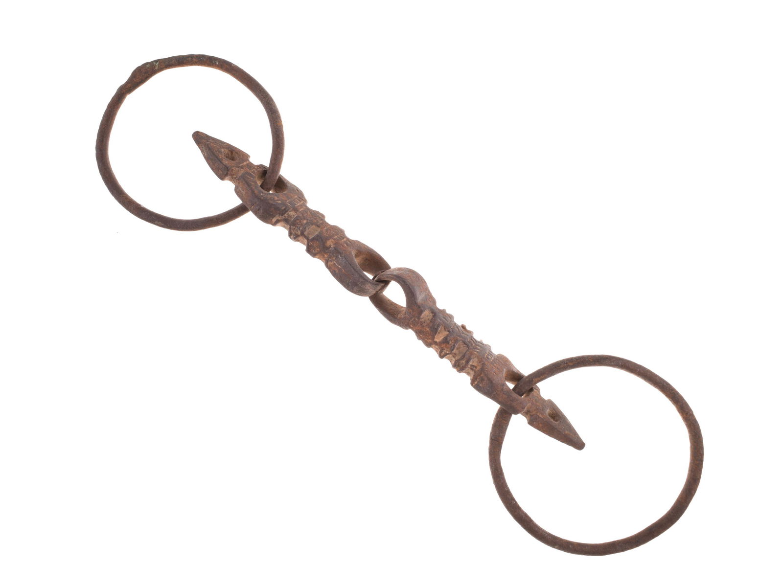 An Indian Horse Bit (Indian Antiques): Trense Indien Ohne Sockel / without base Eisen. H 26 cm. Provenienz: Helmut und Marianne Zimmer, Zürich. Anlässlich mehrerer Indien-Reisen in den 1970er Jahren vor Ort erworben. CHF 20 / 40 EUR 17 /