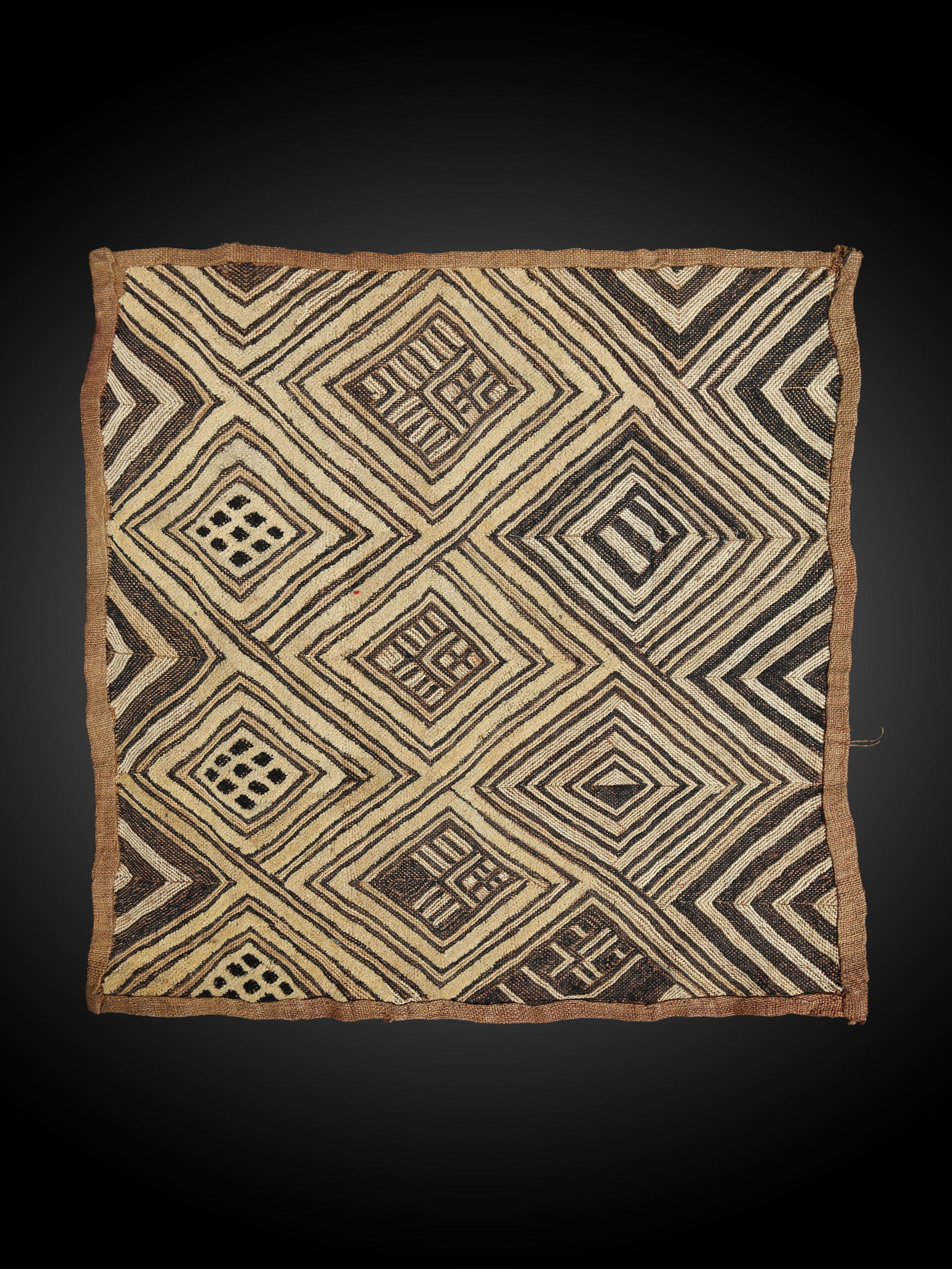 A Kuba Cut-Pile Embroidery Fabric: Raphia-Plüschgewebe Kuba, DR Kongo Ohne Sockel / without base Raphia. B 49 cm. L 54 cm. Provenienz: Nachlass René David (1928-2015), Zürich. Ausgestellt: Musée International du Golfe de Guinée, T