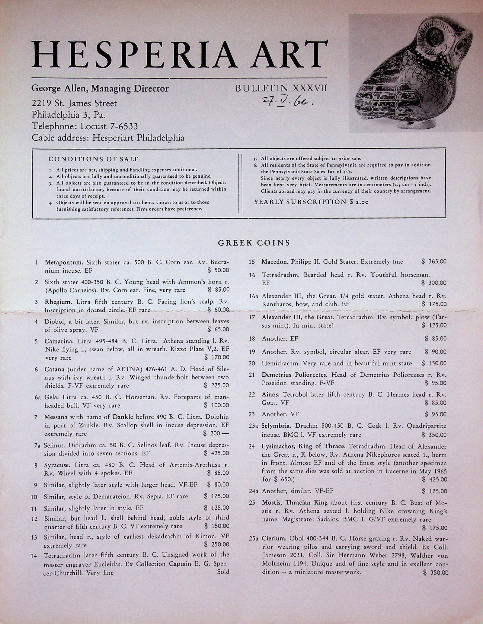 Hesperia Art - Bulletin XXXVII: Hesperia Art - Bulletin XXXVII Philadelphia. CHF 20 / 40 EUR 18 / 36 _____________________________ The library of Dr J. Robert Guy The part of Robert Guy's library that will be auctioned by