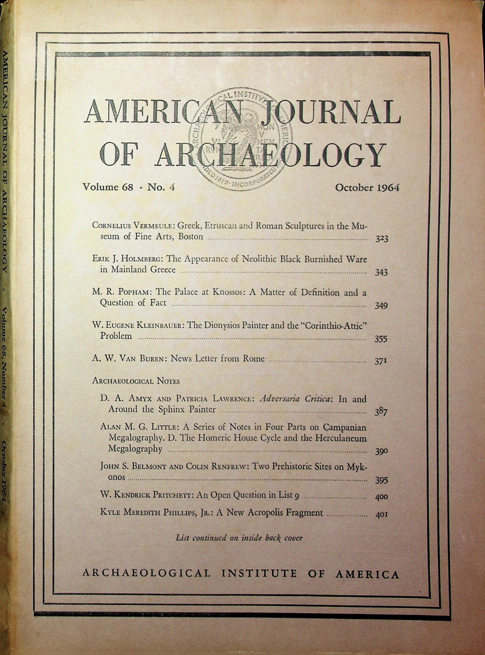 American Journal of Archaeology. 1964, Vol. 68, #4 (1 of 1)