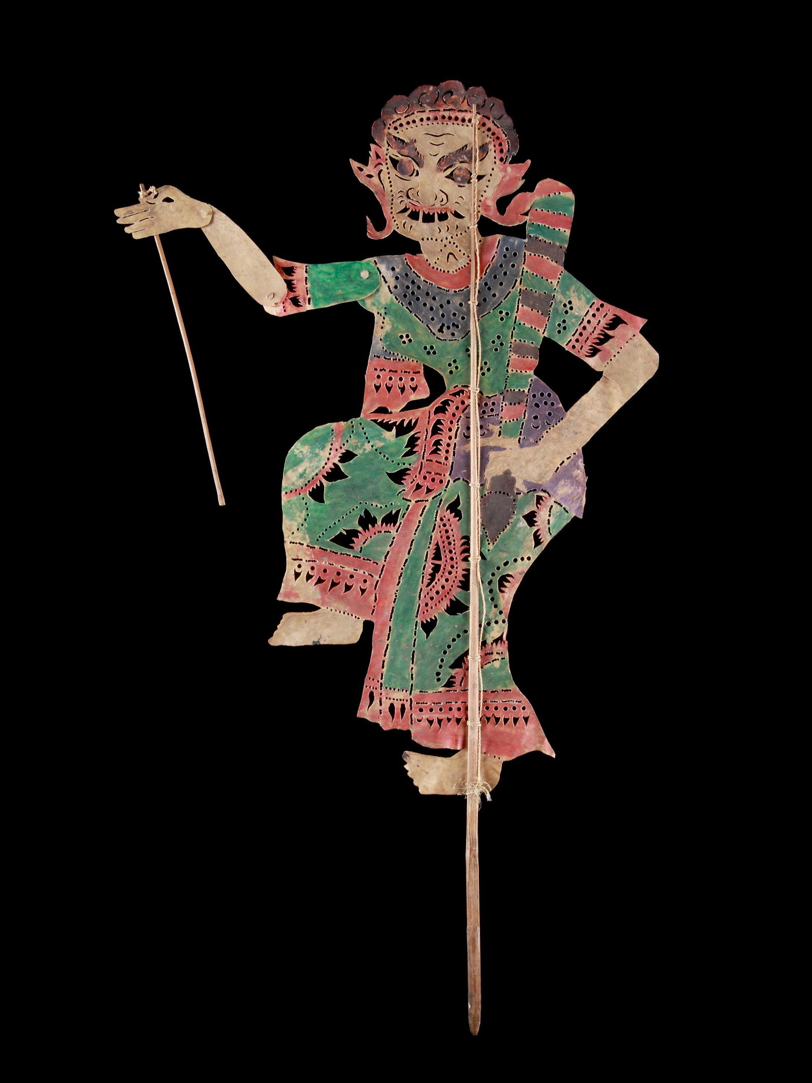 A Thai Shadow Puppetry Figure, "nang talung": Schattentheater-Figur, "nang talung" Thailand Ohne Sockel / without base Leder, Holz. H 68,5 cm. Provenienz: - Galerie Maria Wyss, Basel. - Erben Maria Wyss. - Galerie Walu, Basel. CHF 100 / 200 EUR 9