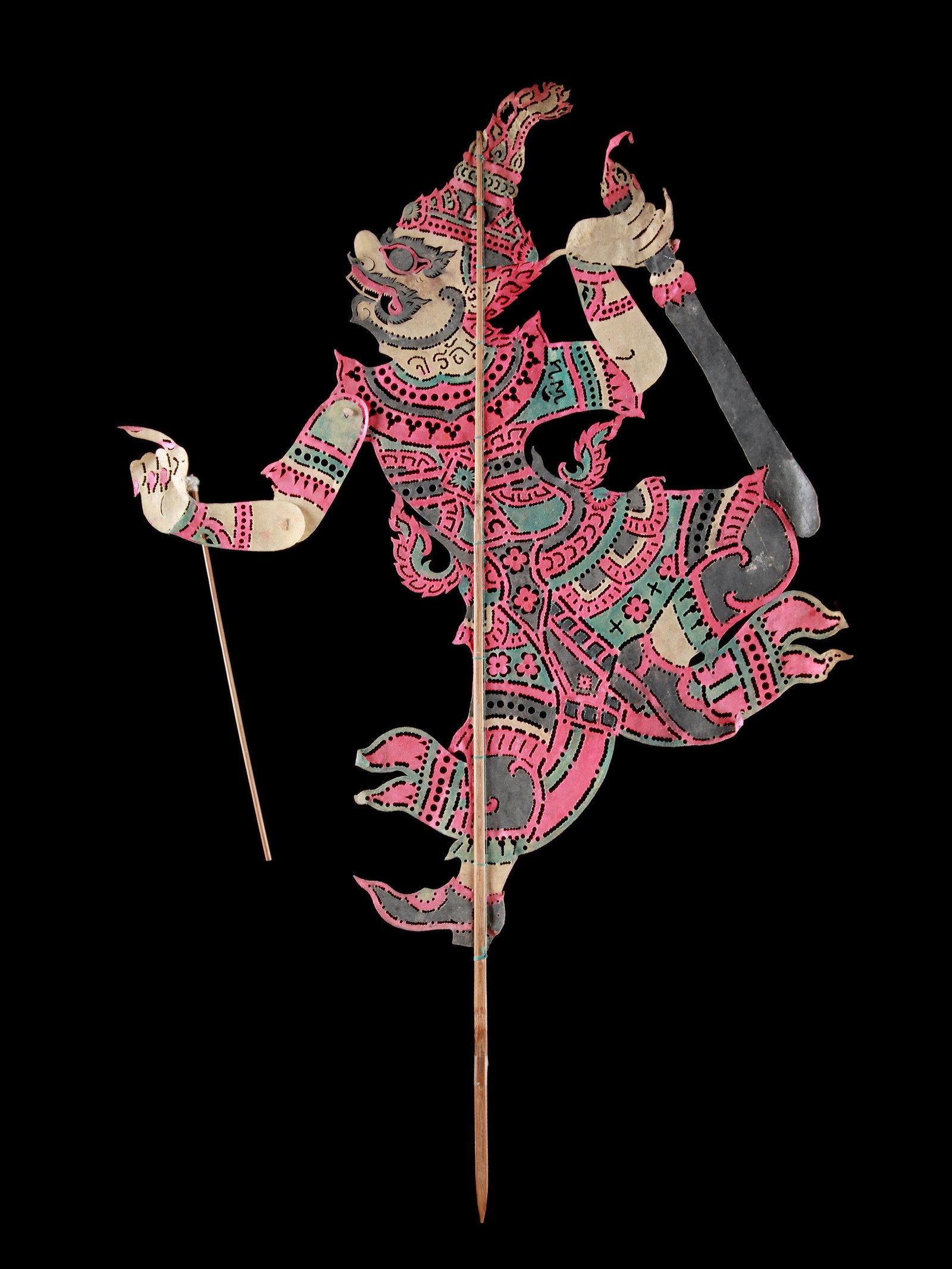 A Thai Shadow Puppetry Figure, "nang talung": Schattentheater-Figur, "nang talung" Thailand Ohne Sockel / without base Leder, Holz. H 73 cm. Provenienz: - Galerie Maria Wyss, Basel. - Erben Maria Wyss. - Galerie Walu, Basel. CHF 100 / 200 EUR 91 