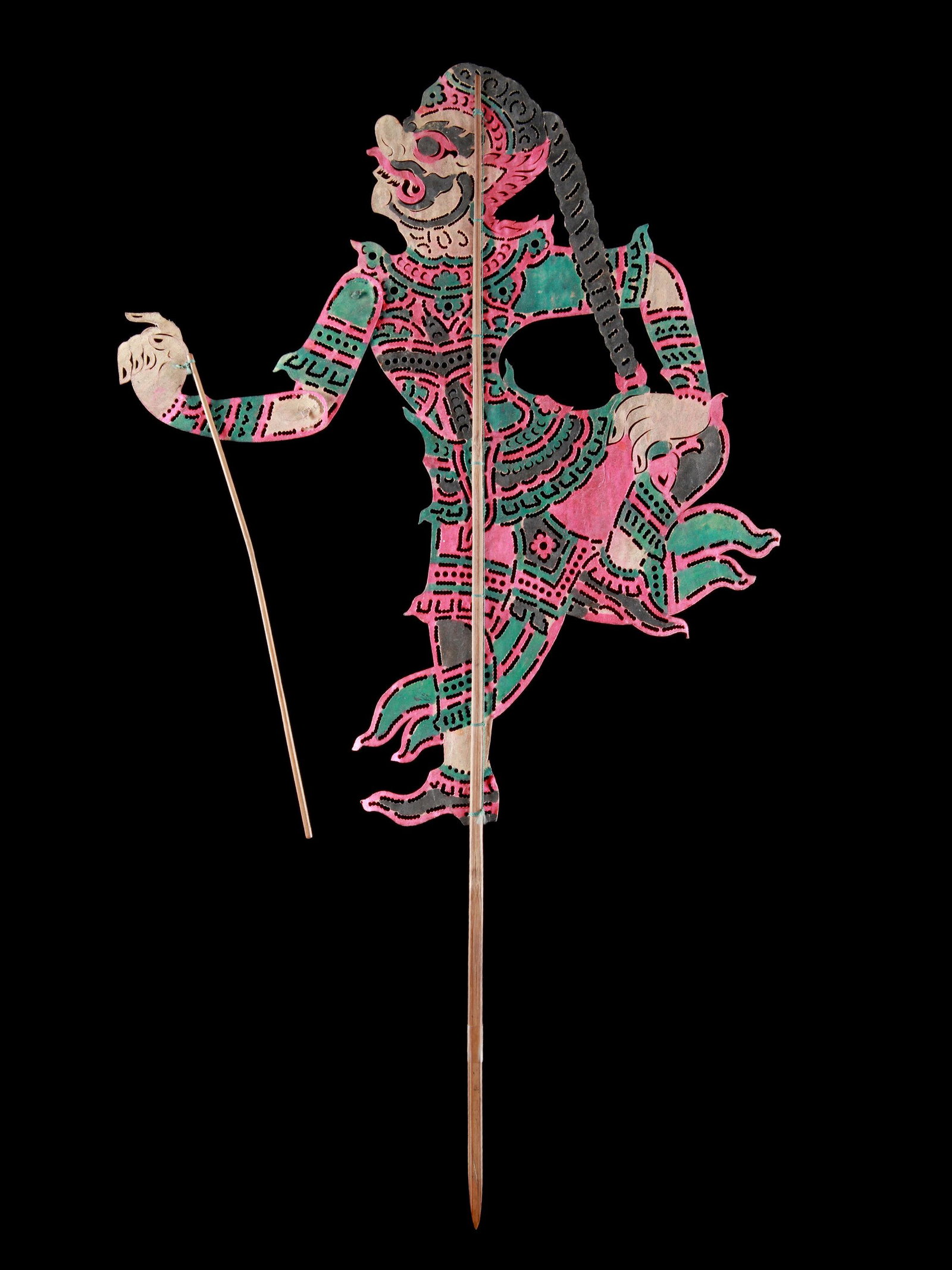 A Thai Shadow Puppetry Figure, "nang talung": Schattentheater-Figur, "nang talung" Thailand Ohne Sockel / without base Leder, Holz. H 60 cm. Provenienz: - Galerie Maria Wyss, Basel. - Erben Maria Wyss. - Galerie Walu, Basel. CHF 100 / 200 EUR 91 