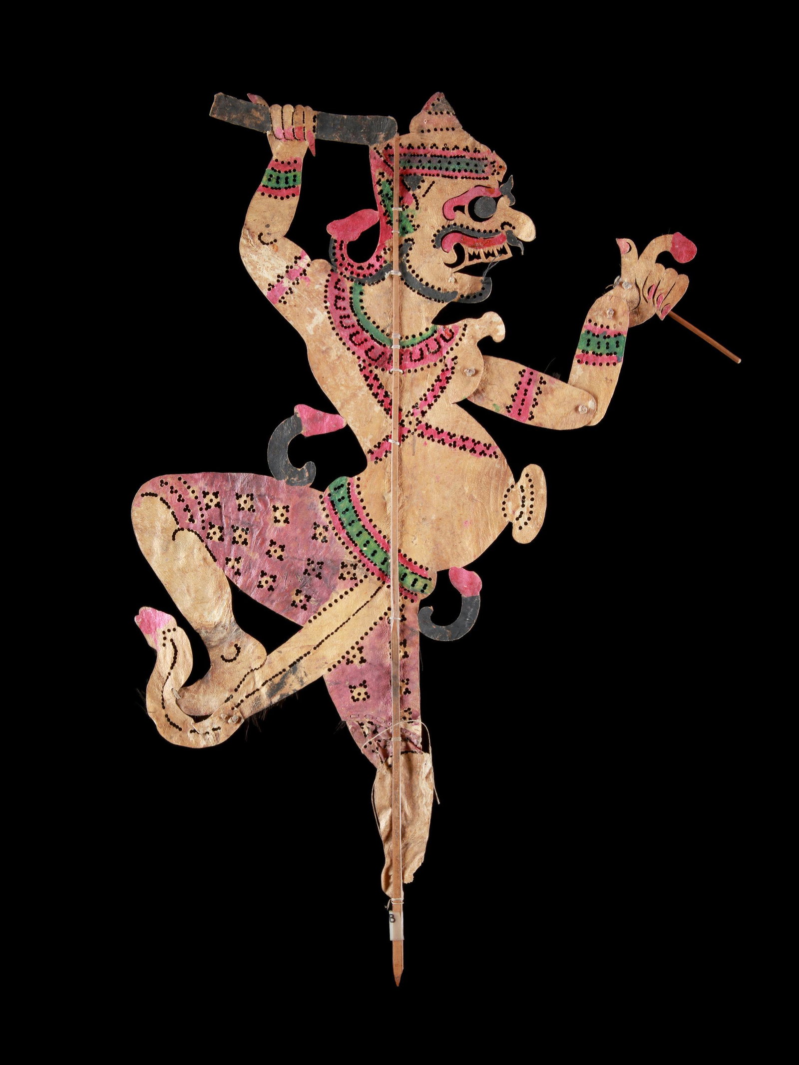 A Thai Shadow Puppetry Figure, "nang talung": Schattentheater-Figur, "nang talung" Thailand Ohne Sockel / without base Leder, Holz. H 59,5 cm. Provenienz: - Galerie Maria Wyss, Basel. - Erben Maria Wyss. - Galerie Walu, Basel. CHF 100 / 200 EUR 9