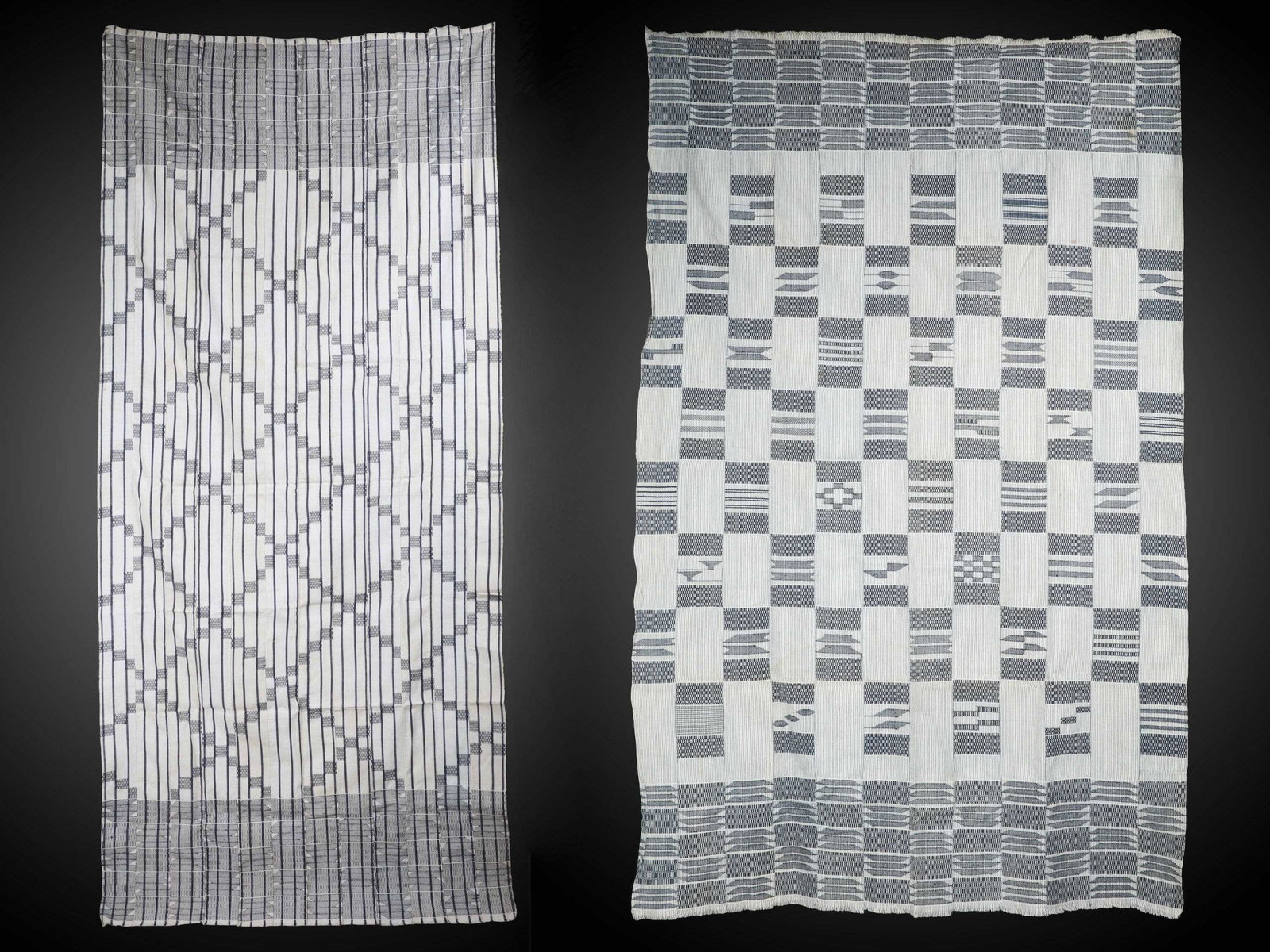 2 Asante Cloths, "kente": 2 Wickelgewänder, "kente" Asante, Ghana Ohne Sockel / without base Baumwolle. B 100 cm. L 170 - 226 cm. Provenienz: - Michael von Schenck (1931), Basel. 1980-1983 Botschafter in Ghana. - Schweize