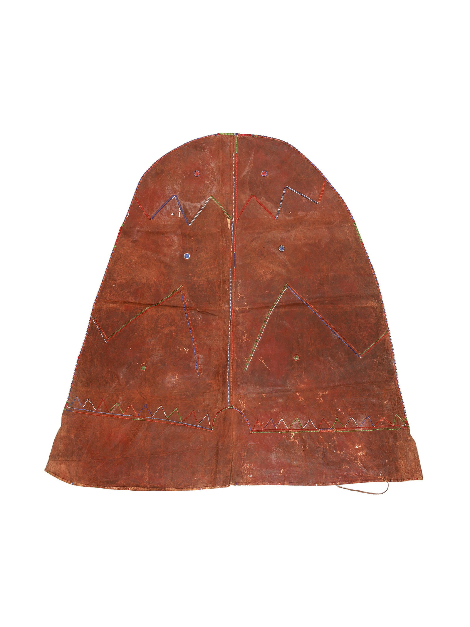 A Massai Women's Leather Skirt or Cape, "orkila": Lederrock oder -Umhang für Frauen, "orkila" Massai. Kenia / Tansania Ohne Sockel / without base Leder, Glasperlen. B 118 cm. L 126 cm. Provenienz: Gérald Minkoff (1937-2009) und Muriel Olese
