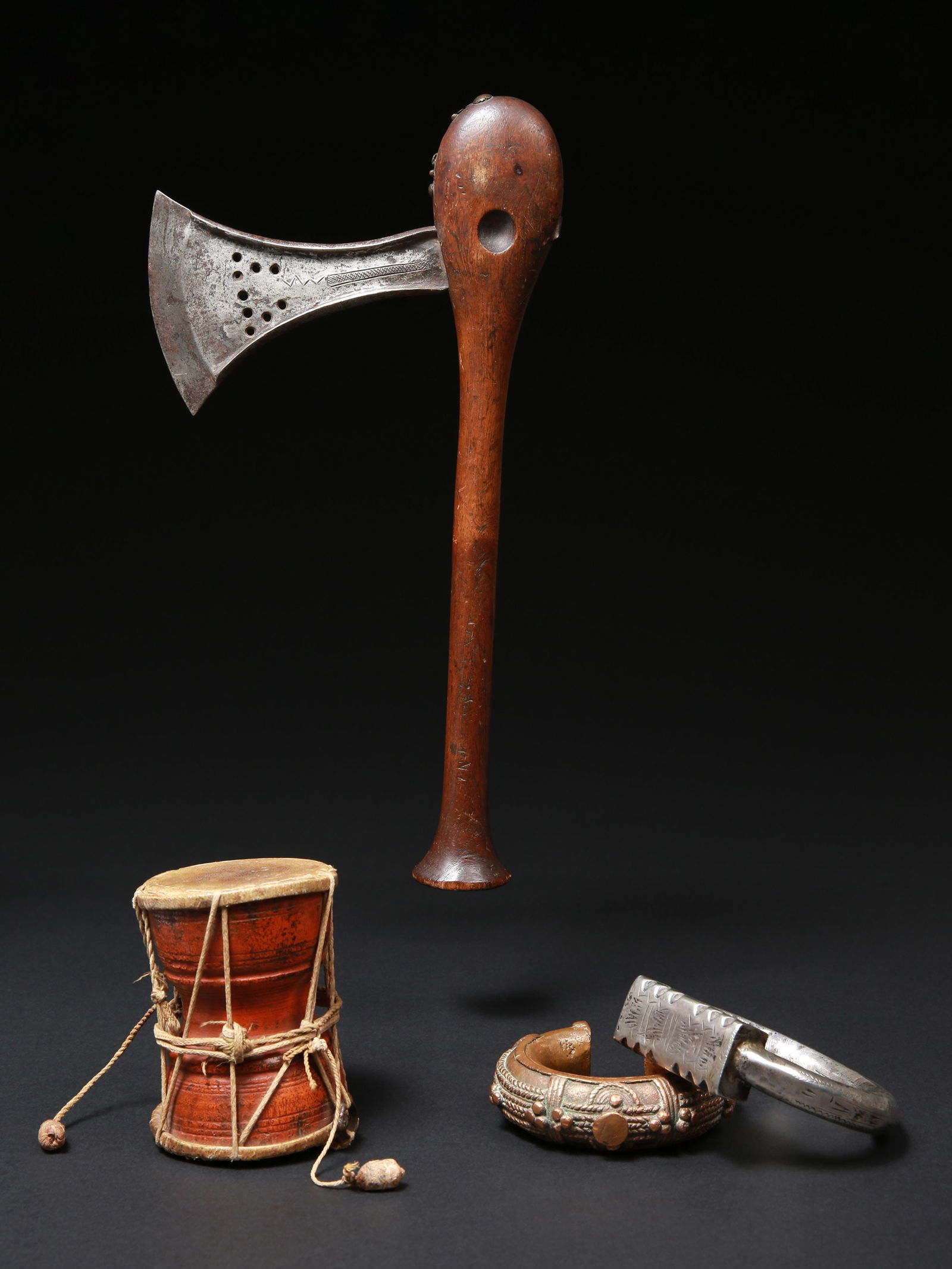 2 Bracelets, a Songye Axe and a Tibetan Drum "damaru" (1 of 12)
