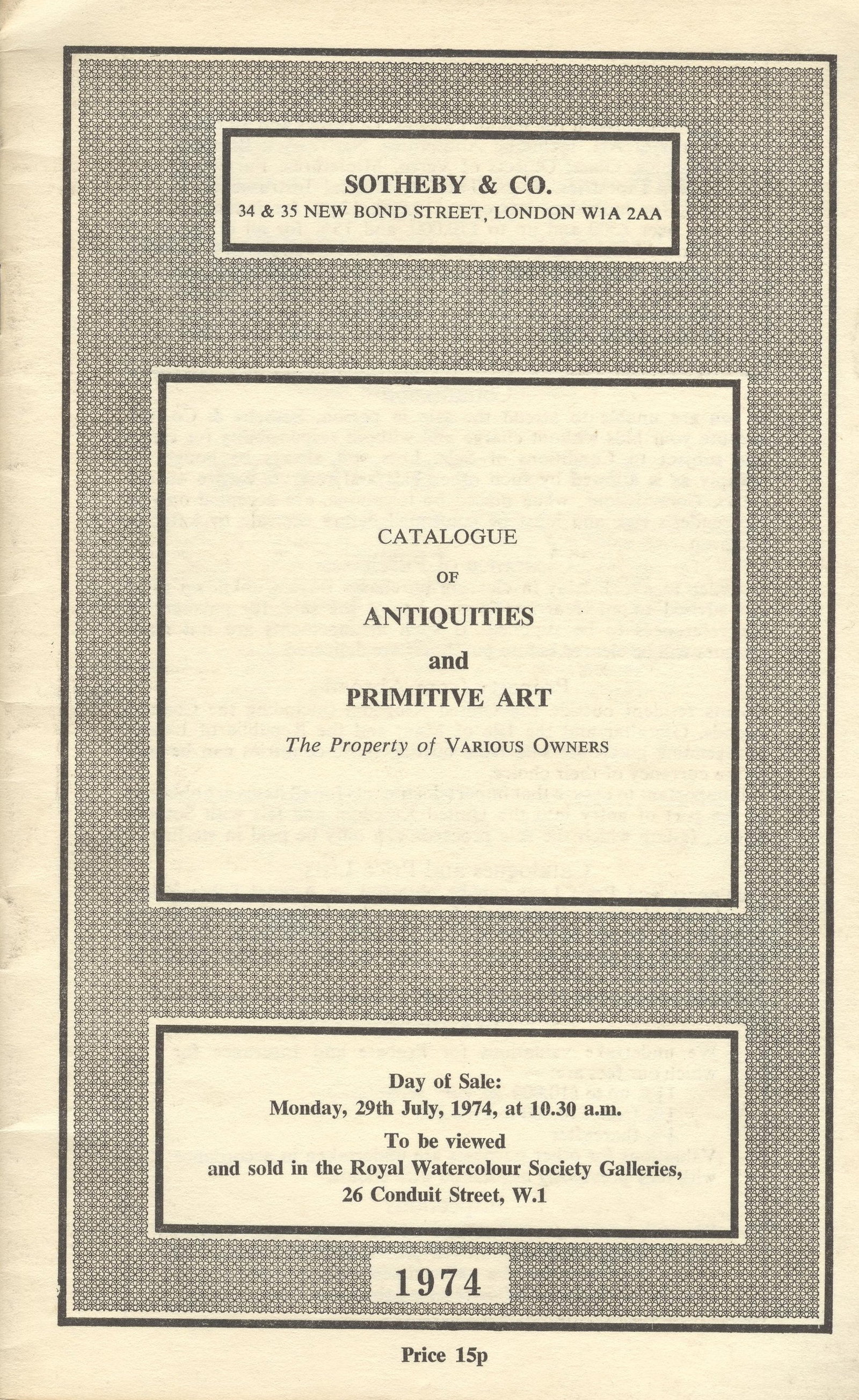 Sotheby & Co 1974, Catalogue of Antiquities and Primitive Art: Sotheby & Co 1974, Catalogue of Antiquities and Primitive Art Sotheby & Co, London (29.07.1974) English Text/Edition 31 pages No illustrations Softcover 47 g CHF 10 / 20