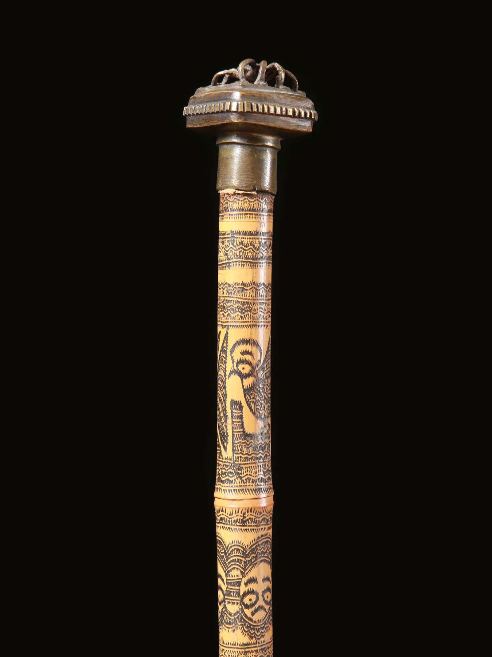 A Bamum pyro-engraved Staff with spider-shaped Knob (1 of 9)