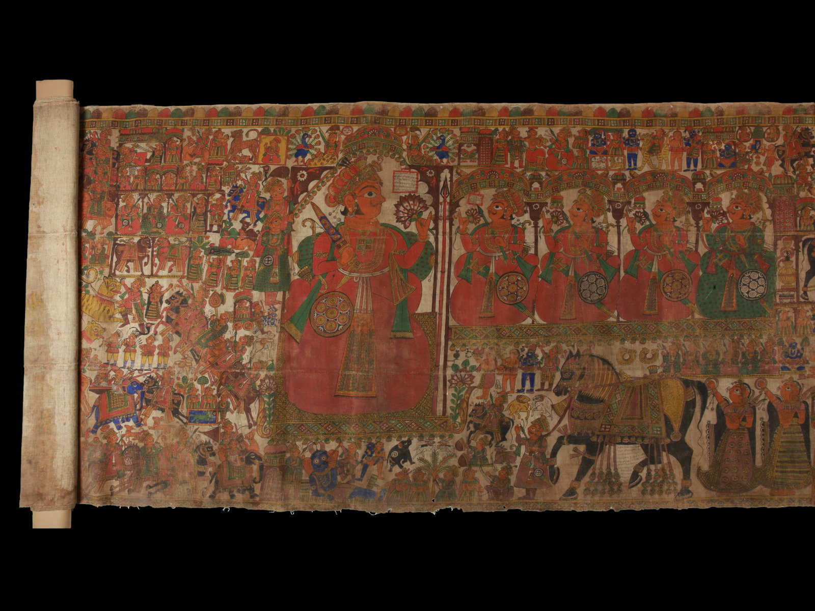 An Rajasthani Scroll Painting, "Pabuji Ki Phad": Erzählerische Schriftrollenmalerei, "Pabuji Ki Phad" Indien, Rajasthan Ohne Sockel / without base Baumwolle. B 134 cm. L 583 cm. Provenienz: Schweizer Privatsammlung, Basel. Lt. Besitzerin um 196