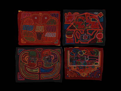4 Kuna Textiles, "molas": 4 genähte Motivbilder, "molas" Kuna. Panama Ohne Sockel / without base Baumwolle. L 38 - 48 cm. Provenienz: Peter Richter (1942-2024), Baselland. Die Mola, ist ein Nähkunstwerk auf Stoff, da