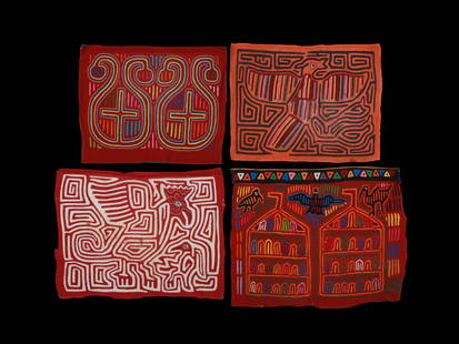 4 Kuna Textiles, "molas": 4 genähte Motivbilder, "molas" Kuna. Panama Ohne Sockel / without base Baumwolle. L 39 - 45 cm. Provenienz: Peter Richter (1942-2024), Baselland. Die Mola, ist ein Nähkunstwerk auf Stoff, da
