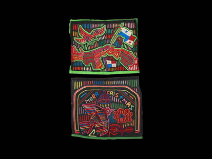 2 Kuna Textiles, "molas": 2 genähte Motivbilder, "molas" Kuna. Panama Ohne Sockel / without base Baumwolle. L 41 - 42,5 cm. Provenienz: Peter Richter (1942-2024), Baselland. Die Mola, ist ein Nähkunstwerk auf Stoff,