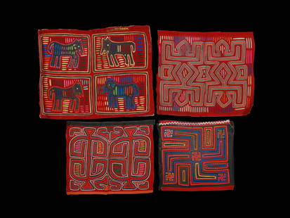 4 Kuna Textiles, "molas": 4 genähte Motivbilder, "molas" Kuna. Panama Ohne Sockel / without base Baumwolle. L 36 - 56 cm. Provenienz: Peter Richter (1942-2024), Baselland. Die Mola, ist ein Nähkunstwerk auf Stoff, da