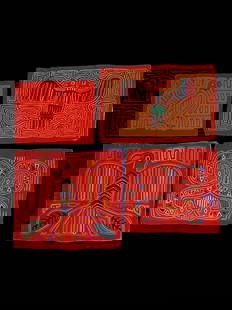 4 Kuna Textiles, "molas": 4 genähte Motivbilder, "molas" Kuna. Panama Ohne Sockel / without base Baumwolle. L 38 - 51 cm. Provenienz: Peter Richter (1942-2024), Baselland. Die Mola, ist ein Nähkunstwerk auf Stoff, da