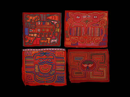 4 Kuna Textiles, "molas": 4 genähte Motivbilder, "molas" Kuna. Panama Ohne Sockel / without base Baumwolle. L 36 - 42 cm. Provenienz: Peter Richter (1942-2024), Baselland. Die Mola, ist ein Nähkunstwerk auf Stoff, da