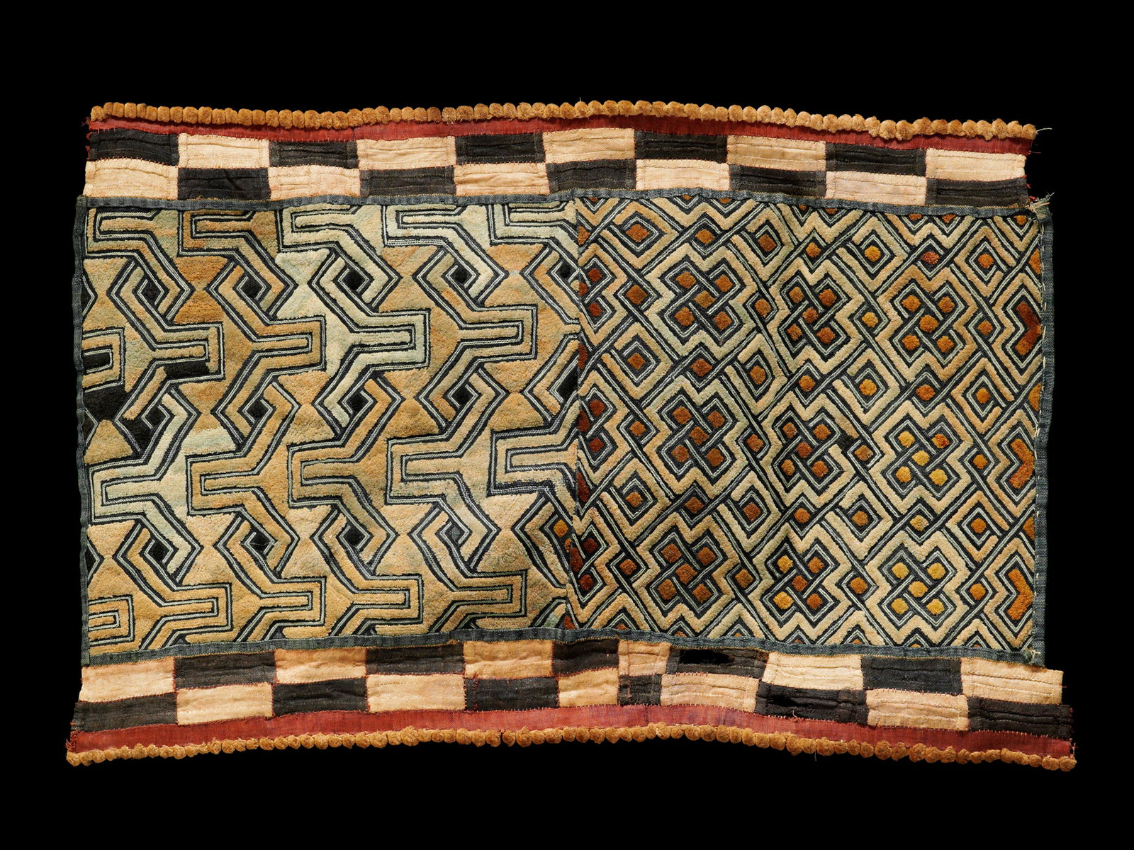A Kuba Woven Fabric, Fragment of an Overskirt, "ntshak": Raphia-Plüschgewebe, Fragment eines Überrocks, "ntshak" Kuba, Bushoong. DR Kongo Ohne Sockel / without base Raphia. B 65 cm. L 100 cm. Provenienz: - Galerie Walu, Zürich. - Patrick Lo G