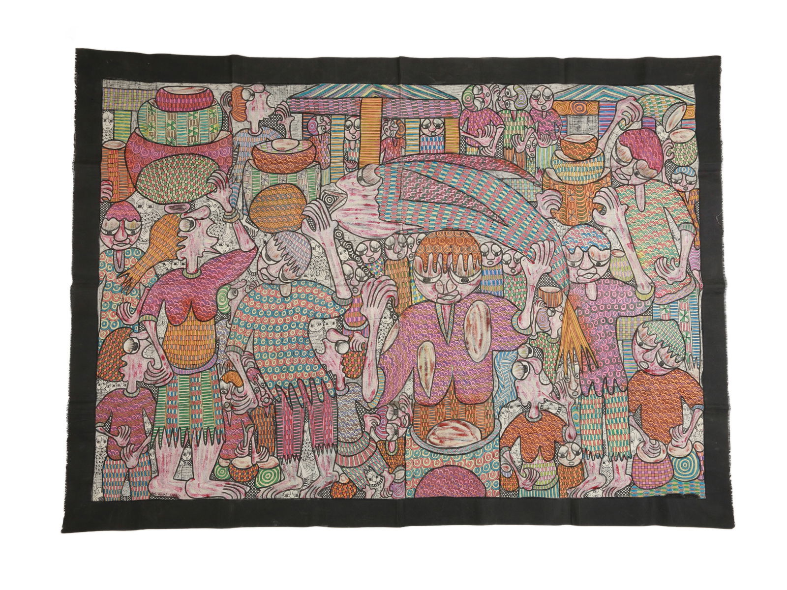Adeniji Adeyemi, Ink Drawing on Textile: Market Scene Nigeria Adeniji Adeyemi Ohne Sockel / without base Tuschezeichnung auf Textil. H 125 cm. L 172 cm. Provenienz: Jean David, Basel (2010 in Ile-Ife erworben). Nigerianischer Künstler d