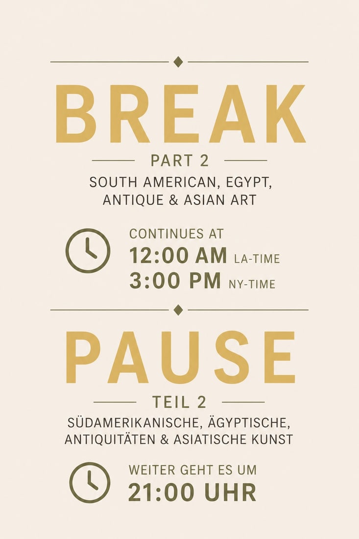 Break: Pause Dear visitor, friend, collector, bidder and/or afficionado Thank you very much for your interest in our sale - you are great! After the African and Oceanic Art, we all deserve and appreciate a s
