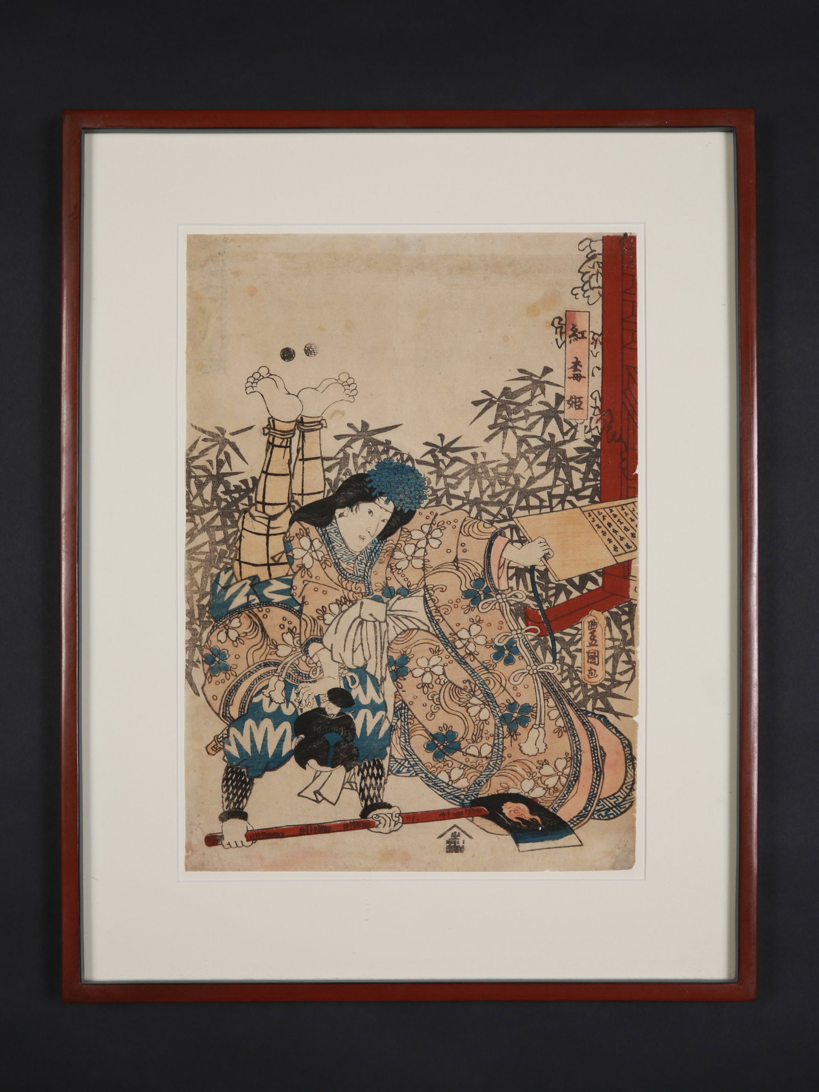 A Japanese Woodcut, "ukiyo-e": Farbholzschnitt, "ukiyo-e" Edo-Zeit. Japan Gerahmt / framed Holz. B 38 cm. L 50 cm. Provenienz: Schweizer Privatsammlung, Basel. Farbholzschnitt von Utagawa Kunisada (1786-1865). Utagawa Kunisada, auc