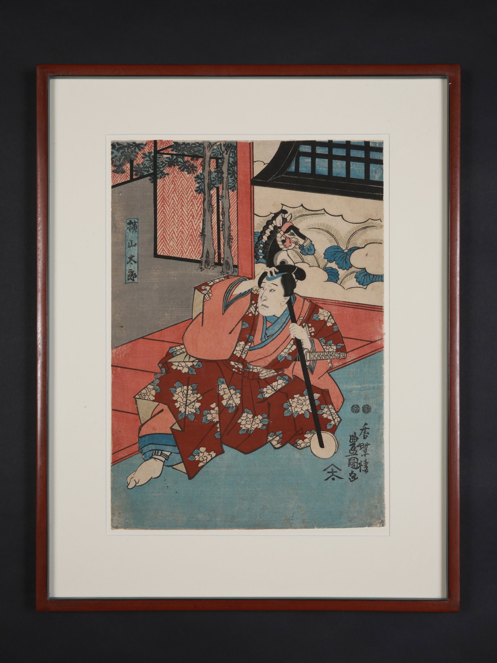 A Japanese Woodcut, "ukiyo-e": Farbholzschnitt, "ukiyo-e" Edo-Zeit. Japan Gerahmt / framed Holz. B 38 cm. L 50 cm. Provenienz: Schweizer Privatsammlung, Basel. Farbholzschnitt von Utagawa Kunisada (1786-1865). Utagawa Kunisada, auc