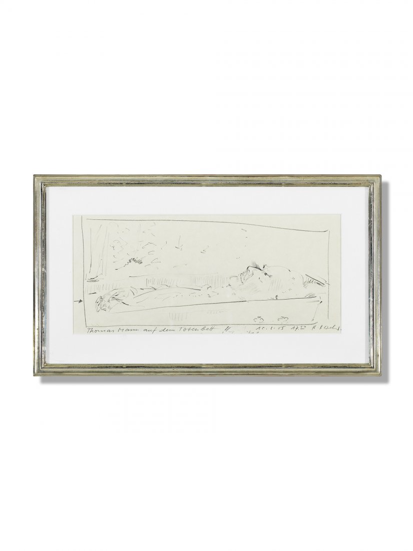 HANS PETER WEBER (1914 - 2012): 106 HANS PETER WEBER (1914 - 2012) Thomas Mann auf Totenbett (1955) Bleistift auf Papier H 13 cm. B 30 cm. Provenienz: Rudolf und Leonore Blum, Zumikon. Signiert und datiert. Gerahmt. CHF 100 / 200 EU