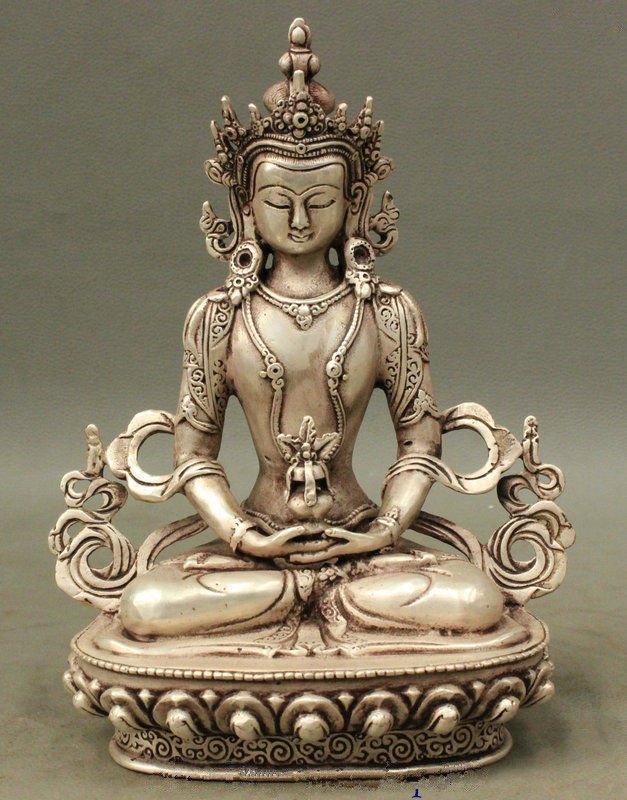 Tibet Buddhist Silver Amitayus Longevity God Goddess (1 of 4)