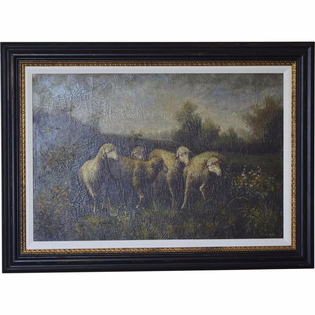 Antique Oil on Canvas Grazing Sheep Indistinctly Signed (1 of 5)