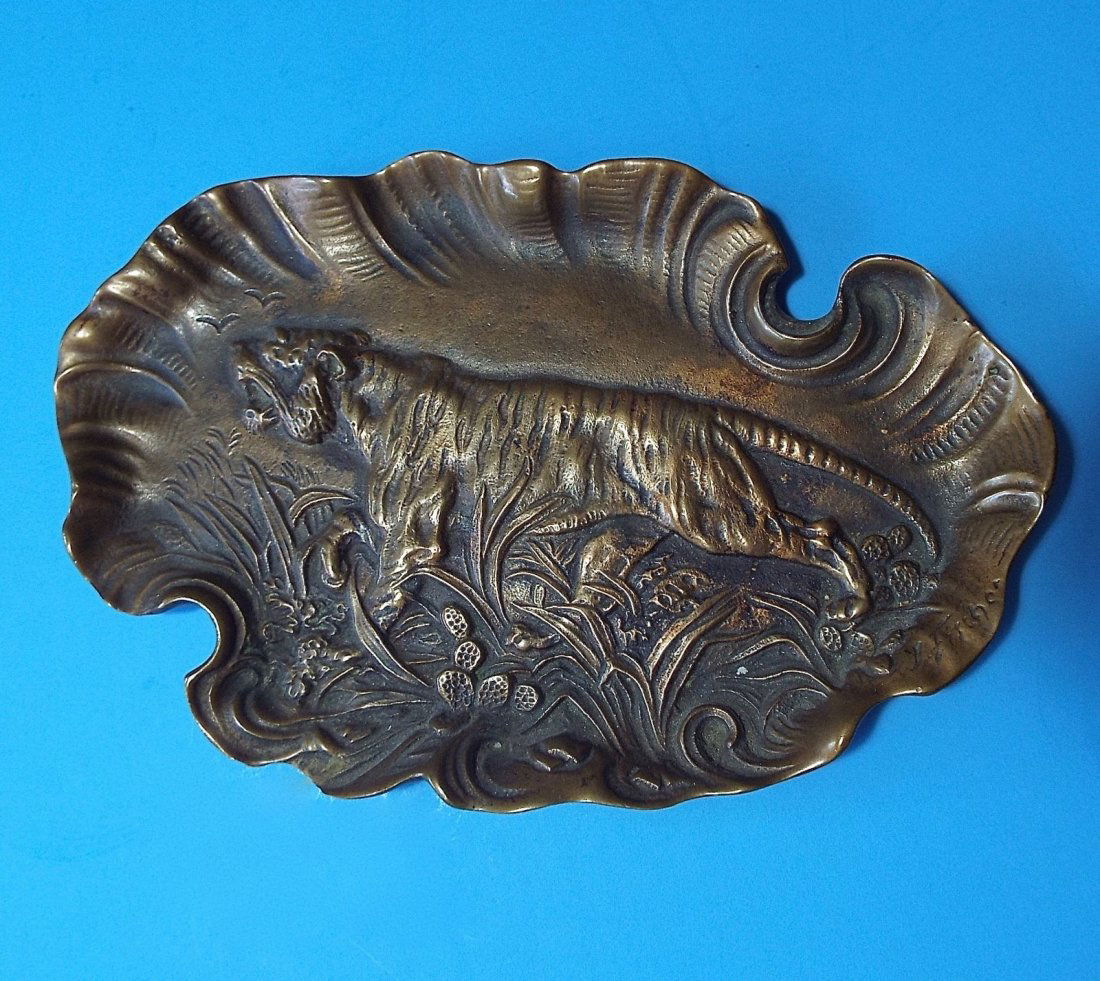Antique Art Nouveau BRONZE TIGER TRAY For Coins, Pipe (1 of 2)