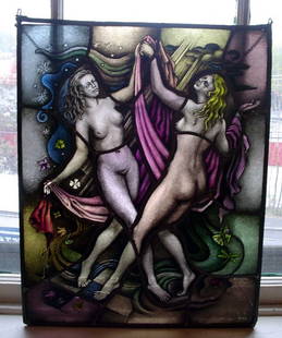 STAINED GLASS WINDOW OF TWO LADIES 13966: Breathtaking stained glass window of two ladies. Note: There are four cracks.Dimensions: 19"H x 15.25"W Age: C. 1950 Material: Glass