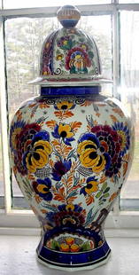 COLORFUL SIGNED DELFT COVERED JAR 12642Q: Colorful signed delft oversized covered jar.Dimension: 17" x 14" Age: 1890 Material: Porcelain