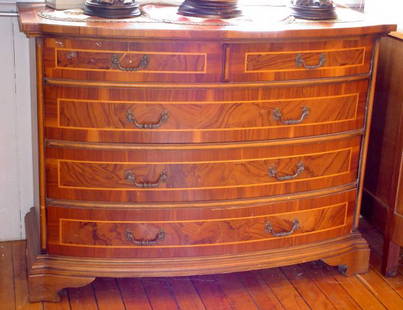 5 DRAWER INLAID COMMODE 5909B: 5 drawer inlaid commode. Has a broken back leg. Dimension: 34 1/2" H x 46" W x 19" D Age: C. 1920 Material: Wood