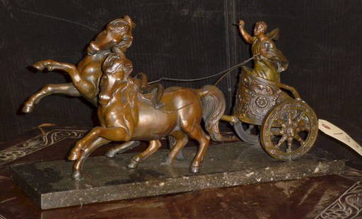 SPELTER STATUE OF TWO HORSES AND MAN 13344: Decorative spelter statue of two horses with man on marble base.Dimensions: 9.25"H x 18"W x 5.5"D Age: C. 1920 Material: Spelter & Marble