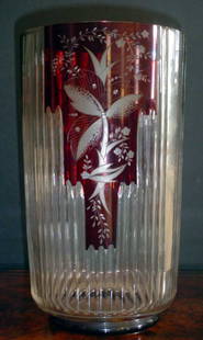 TALL RED CUT TO CLEAR VASE 11310: Lovely designed vase with red cut to clear center. Dimension: 12"H x 7"W x 7"D Age: C. 1900 Material: Glass