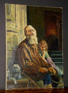 OIL ON CANVAS OF BLIND MAN 12461: Impressive oil on canvas of blind man with beard and child. Has a couple of rips in canvas. Dimensions: 25"H x 18"W x .75"D Age: C. 1890 Material: Oil on canvas