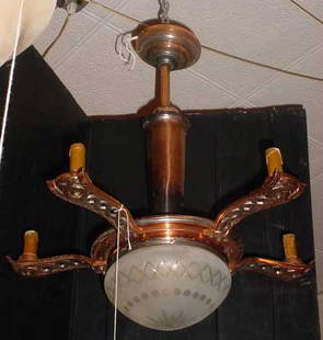 5 ARM COPPER LIGHT W/ CENTER DOME 14030: Fancy five arm copper light with cut glass dome and pierced arms. Dimensions: 27" H x 25" W Age: C. 1920 Material: Copper