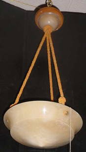 SMALL ALABASTER DOME LIGHT 12661D: Small art deco alabaster dome light with rope hanger. Dimensions: 24" H x 12" D Age: C. 1920 Material: Brass & Alabaster