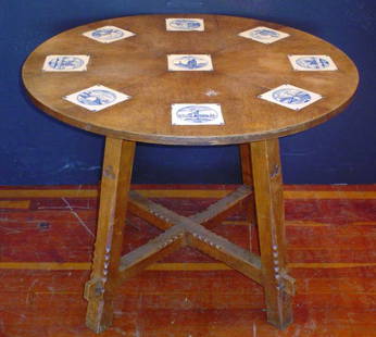 ROUND TABLE WITH 9 BLUE TILES 14189: Spectacular round nine tile table. Dimensions: 30 1/4" H x 39 1/4"D Age: C. 1900 Material: Tile & Wood