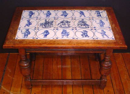 COFFEE TABLE WITH 15 BLUE TILES 14178: Impressive fifteen tile wood table. Dimensions: 20 1/4" H x 31" L x 20 1/2" W Age: C. 1900 Material: Tile & Wood