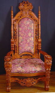 LARGE KING THRONE CHAIR W/ FLORAL CARVING 1102A: Oversized carved rose throne chair. Dimensions: 75 1/2" H x 37 1/2" w x 30" D Age: Contemporary Material: Wood