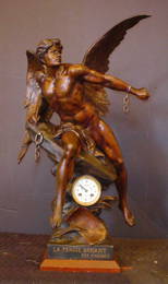 455:LARGE ANTIQUE  E. PICAULT  WINGED MAN CLOCK 14450