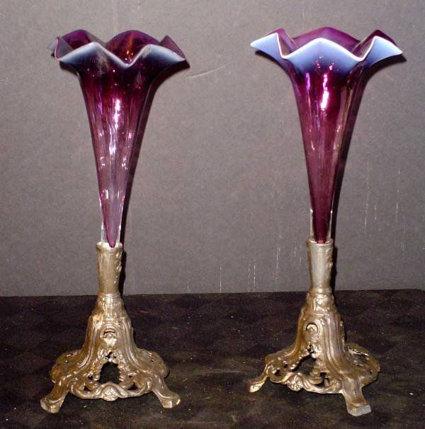 PAIR OF PURPLE ART GLASS EPERGNES 14271: Beautiful pair epergne with purple art glass.