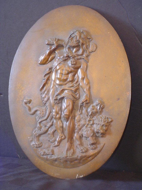 HENRY BONNARD BRONZE OVAL PLAQUE OF MAN & LION 2845